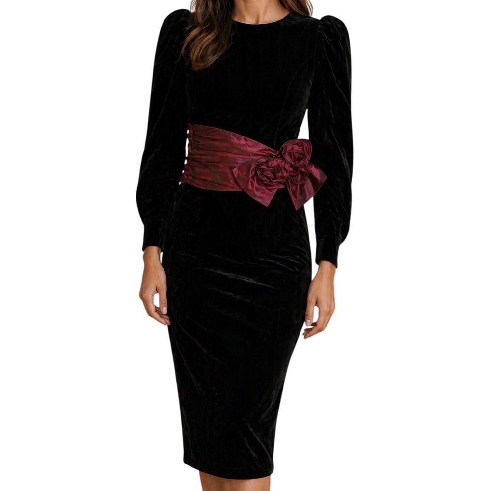 VINTAGE Scott McClintock Black Velvet Midi Dress Red Taffeta Flower Bow Size 6
